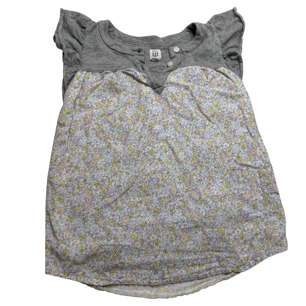Baby Gap Toddler Girls Grey Floral Flutter Sleeve Henley Top 3T Mixed Media